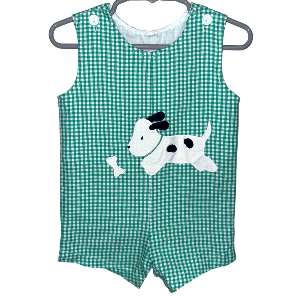Vintage 90s Baby Funtasia Dallas Green Micro Gingham Dog & Bone Romper Size 9M